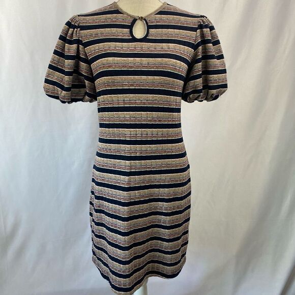 Ebba Dress Lightweight Knit Puffy Short Sleeves 
Striped Keyhole neckline Adorab - Picture 2 of 12